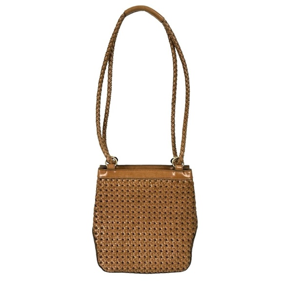 Vtg Liz Claiborne Square Bucket Shoulder Bag Brown Braided Vegan Coastal Preppy - Picture 1 of 14
